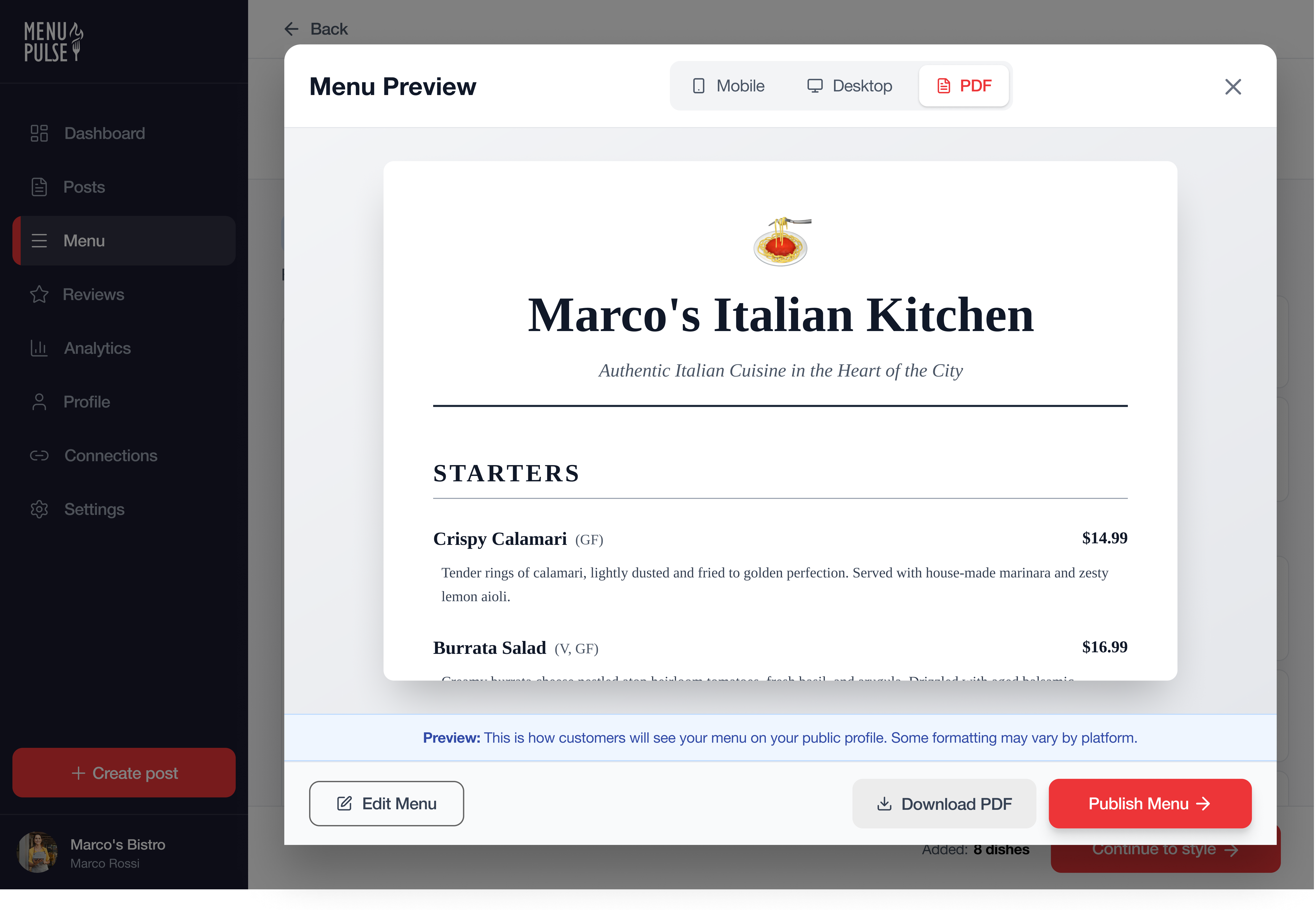 AI Menu Creator: preview and publish